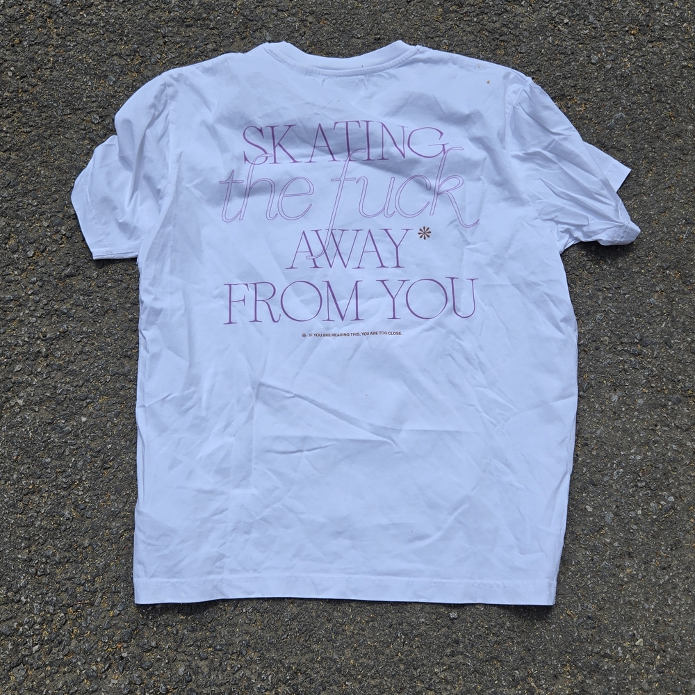 DOYENNE SKATEBOARDS White Graphic T-Shirt with Pink Text
